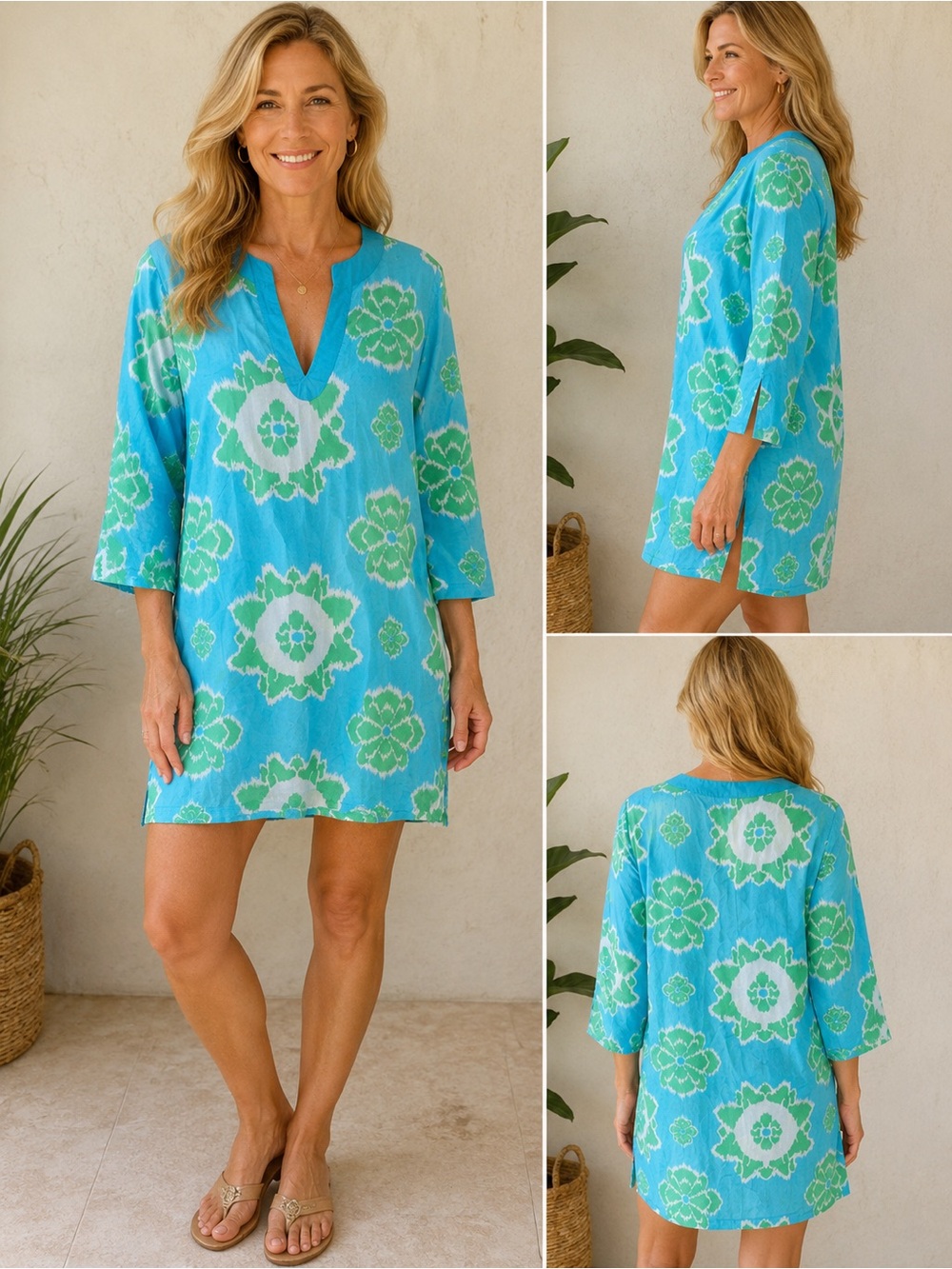 Echo Turquoise & Green Floral Ikat V-Neck Swim Coverup Tunic Dress 3/4 Sleeves